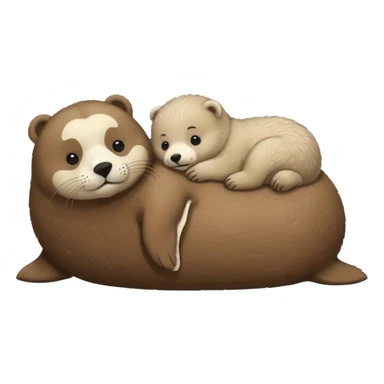 tiny white seal laying on a big brown bear’s belly sticker