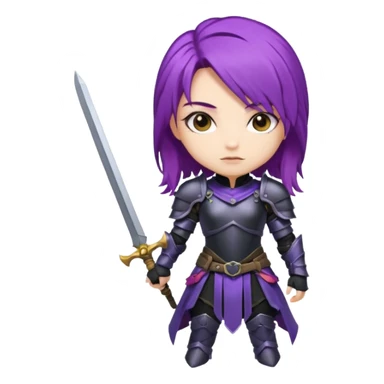 mysterious warrior girl with flowing purple hair, dressed in black armor, chibi proportions sticker