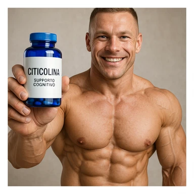 hyper realistic bodybuilder smiling showing blue bottle of Citicolina, defined muscles, visible label, text 'Citicolina: supporto cognitivo', positive atmosphere sticker