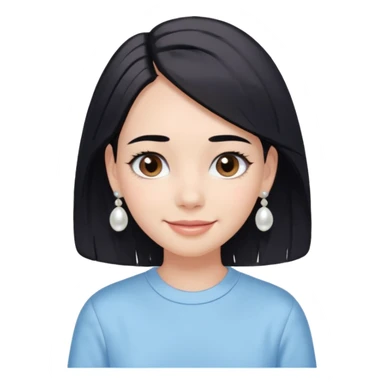  emoji of a smiling girl with a long bob haircut in black-brown color, fair tan skin, soft black eyebrows, and brown eyes. She's wearing a pastel blue shirt, has pearl earrings, and white clean hair clips. Her look is fresh and minimal clean girl aesthetic. Use a white background, sticker