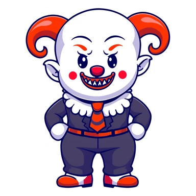 full-body demonic clown in black and white leisure suit with bellbottom pants, bald, black ram horns, flashy black and white belt, ruffled white shirt, no neck tie, large fangs, cartoon sticker style sticker