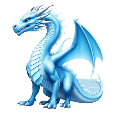 Cinematic Noble wise elegant Ice Dragon full body  Emoji, Poised and imposing, distinct long elegant snout, with a slender, scaled body shimmering in glacial hues of icy blue, frostbitten silver, and crystalline white, breathing out frost, with piercing, glowing ice blue white eyes that radiate the chilling depths of an arctic storm; rendered in detail. excuding wisdom sticker