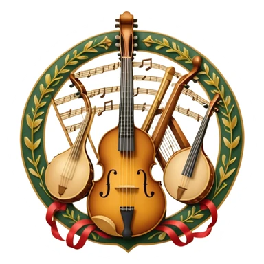 Design a sophisticated, festive, and professional emblem-like emoji representing both plucked and string instruments. The composition should resemble a heraldic crest, featuring a harmonious blend of instruments like a banjo, mandolin, domra, sitar, and others. The necks of these instruments should intertwine gracefully with a flowing ribbon of musical notes, wrapping around the strings and headstocks. The instruments should be artistically detailed, with decorative fretboards, intricate inlays, and ornate carved elements. The overall design should evoke a sense of elegance and craftsmanship, with a color palette of gold, deep wood tones, and rich accents. Include subtle highlights to create depth and dimension, with ornamental flourishes like laurel branches or swirling patterns around the central instruments. The background should be transparent to allow the emblem to stand alone. sticker