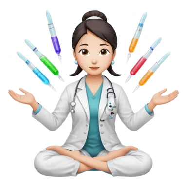 emoji of an asian woman with a single bun in a white lab coat sitting cross legged with micropipettes levitating in an arc around her head, the tips should be pointing away from her and she should not be wearing a steth escope sticker