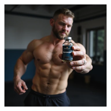 realistic photo of a crossfit athlete holding a vial labeled 'Stanozololo', tense muscles, bright light, modern gym background sticker