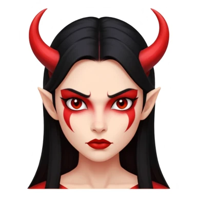 Head only demon girl, strong pronounced cheekbones, sharp angular jawline, skin fully pure red everywhere, long straight sleek black hair, small ho sticker
