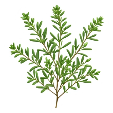 Cinematic Realistic Thyme Emoji, Compact and earthy, with tiny green leaves densely packed on delicate stems. The soft fragrance of the leaves fills the air, creating an atmosphere of warmth and subtle richness. Soft glowing outline, capturing the essence of simplicity and natural healing in a sprig of thyme! sticker