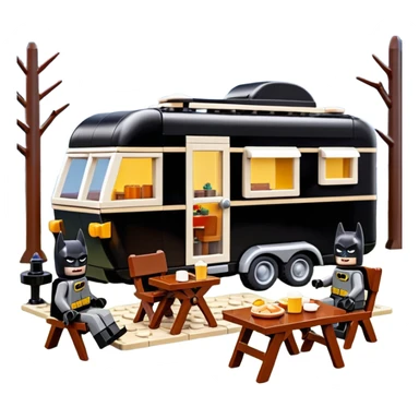  Ultra cute futuristic Lego detailed Batman and pretty Catwoman dream house Caravan with picnic table and folding chairs alone at romantic night(hot chocolate and cheeseburgers on the grill) sticker