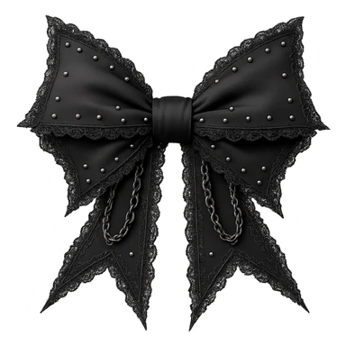 Make the white gothic bow even more dramatic: larger, with exaggerated pointed ends, extra lace, and ornate silver chains. Keep the background transparent. Maintain the gothic style and intricate details. sticker