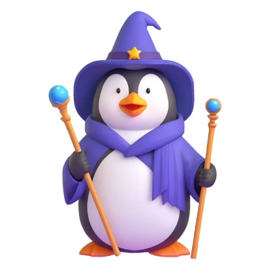 penguin wizard with staff and magical robe sticker