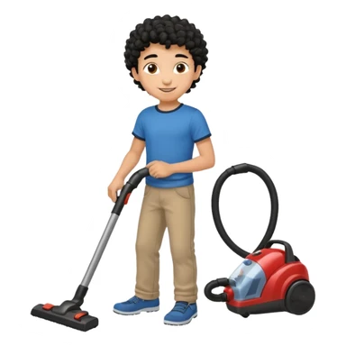 Emoji to encourage kids to do chores - should contain something about house chores, ok replace the broom with a vaccum make it atheltic boy 8 years old - egyptian with curly hair but not too curly -  sticker