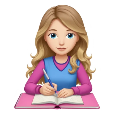 pretty female with long wavy brown hair with blonde highlights and blue eyes writing in a relaxed position in a pink journal with a cup of tea sticker