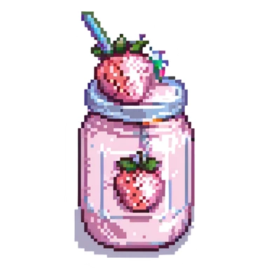 pixel art strawberry milkshake with pink hue and cherry on top, glass with straw, simple background sticker