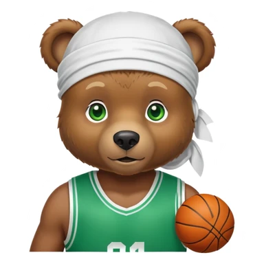 Cute brown bear with green eyes shown up to shoulders, wearing a white durag and black basketball jersey, visible upper chest and shoulders, iOS emoji style sticker