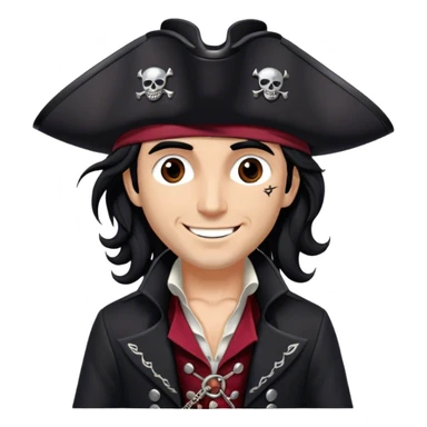 A charismatic pirate with wavy black hair that falls just past his shoulders, tousled slightly by the sea breeze. He wears a black tricorn hat with subtle silver embroidery along the edges, casting a shadow over his sharp, confident features. His piercing dark eyes glint with mischief as he gazes to the side, a knowing smile playing at his lips. His well-fitted black coat, adorned with polished silver buttons and intricate stitching, moves slightly with the wind, revealing glimpses of a deep-crimson waistcoat underneath. A silver chain dangles from his belt, catching the dim golden light of the setting sun. His posture is relaxed yet assured, exuding effortless charm as if he owns the sea itself. sticker
