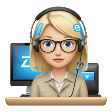 donna bionda occhi azzurri con occhiali, capelli media lunghezza lisci, è al pc è una grafica editoriale e redattrice sticker