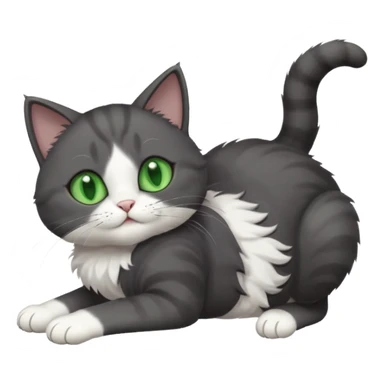 dark grey cat with green eyes, white toes/paws and white patch on her chest playfully rolling upside down sticker
