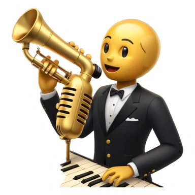 Create a vibrant and expressive emoji representing jazz vocal performance. The design should feature a vintage microphone at the center, surrounded by musical notes and soundwaves flowing outward, symbolizing the vocal improvisation and fluidity of jazz. Include key instruments often associated with jazz vocals, such as a jazz piano (stylized black keys) in the background and a saxophone or trumpet, giving it a true jazz vibe. Add soft lighting effects to evoke the intimate, atmospheric feel of a jazz club. Use rich colors like gold, black, deep purple, and red to reflect the soulful, smooth nature of jazz. The background should be transparent. sticker