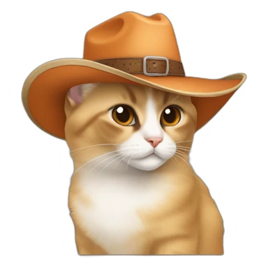 orange, small, chubby, hairy, balinese cat while wearing a brown cowboy hat sticker