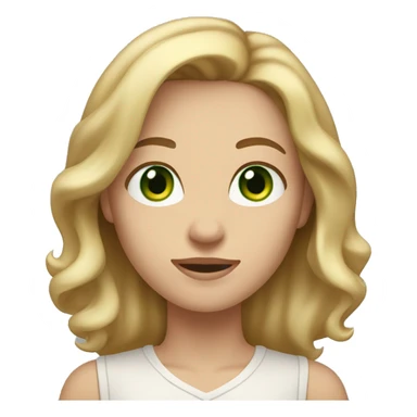 A woman with shoulder-length, wavy blonde hair, green eyes, and fair skin. She is wearing a light-colored shirt and has a neutral to slightly smiling expression. sticker