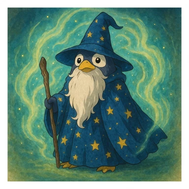 a penguin wizard with a long beard, starry cloak, and magical aura, in a fantasy illustration style sticker