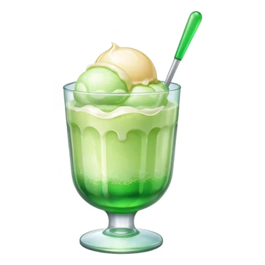 Create an emoji with a clear rounded glass, bright transparent green soda, vanilla ice cream scoop
 sticker