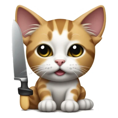 A tricolor cat with a black spot on its eye holds a knife in its paws sticker