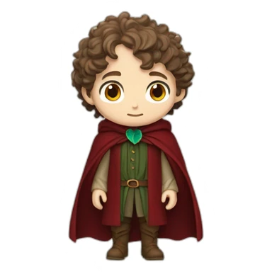 Frodo Baggins with bright blue eyes, light skin, wearing a dark red shirt, dark red waistcoat, and a sage green cloak clasped together by a leaf shaped brooch sticker
