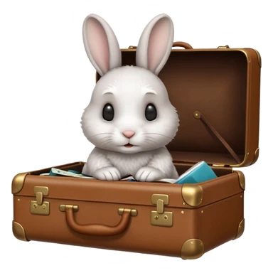 A curious rabbit nudging a tiny suitcase with its nose sticker