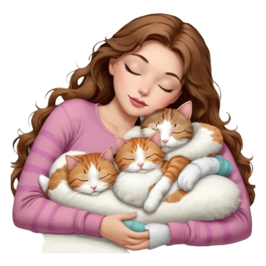 girl with long wavy brown hair, brown eyes, long lashes makeup, sexy pink lips, light to medium complexion,  sleeping on a cozy pillow, with 6 cats: 1 brown and white tabby cat, 1 ginger and white, 2 grey and white, 1 grey with white mittens and small white patch on chest and 1 calico, sleeping sticker