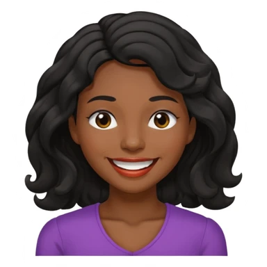 Happy face with big smile showing teeth,  dark brown skin color black women wavy hair shoulder length, eyes slightly closed sticker