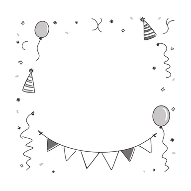 Festive party decorations including balloons, streamers, confetti, party hats, and bunting flags. Using specific pastel colors (dd9fb0, ffc6d3, a3bfc9, c4bee2, f1b091). Hand-drawn doodle style with playful, celebratory elements arranged in a decorative composition. Transparent background. sticker