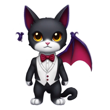 Cute-Edgy-Vampiric-Batty-Cat-Black-Purple-Red-Yellow-Contrast-Colors-Fantasy-Fur-Sona-Chibi-Shiny-Fakémon-Hybrid with horns and big fangs neck bow white tie leg spats full body sticker