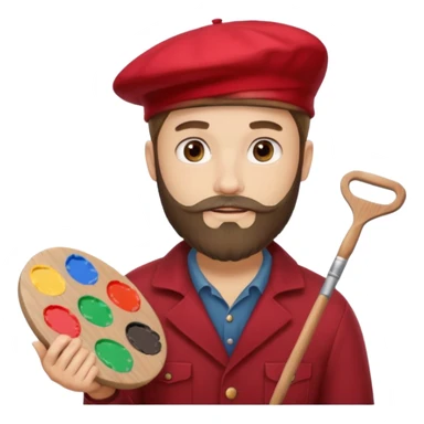 man artist with beard, wearing red beret and painter sticker