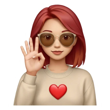 This Memoji features a person with shoulder-length brown hair with some red hair highlights , wearing red-tinted sunglasses with a beige frame. They are dressed in a beige sweater over a light gray collared shirt. The character is making a small heart gesture with their fingers, commonly used to express love or appreciation. The expression appears friendly and confident sticker