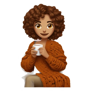 26 year old white Mediterranean woman with brown soft wavy hair and curtain bangs. She is crocheting a garment. She is sitting on the sofa with a crochet blanket that is in the color of cinnamon on herself. Near her there is a cup of tea. sticker