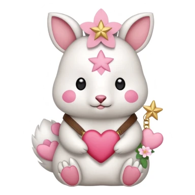 GENERATE ME A MOMONGA WHITE ANIMAL  FROM CHIIKAWA AND PUT A SAKURA FLOWER ON HIS HEAD AND A STAR PELT ON HIS BELLY AND A HEART PURSE ON HIS ARM WITH HIS FACE sticker