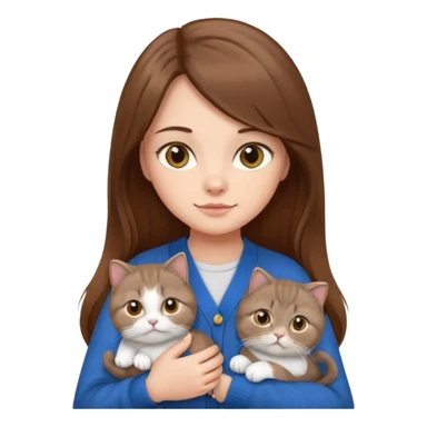 girl with long brown hair in a cardigan holding a Scottish Fold cat, emoji style sticker