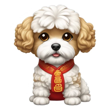 maltipoo wearing chinese customs in red sticker