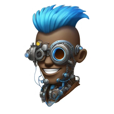 Brown cyborg head with blue Mohawk, blue beard, silver steampunk monocle goggles a smile and circuits sticker