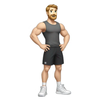Full height Actively gesturing with hands Pale skinned Fit Man With the biceps and brown hair in dark gray Sleeveless Mike, black oversize sports shorts and white Sneakers sticker