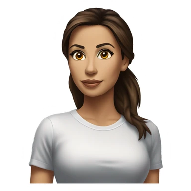 3/4 face, contrasted, shadow, light, Eva Longoria expression, standing from a distance, thin nose, brunette woman, hazel eyes, long eyelashes, dark shoulder shaded hair, white t-shirt, jeans, white sneakers sticker