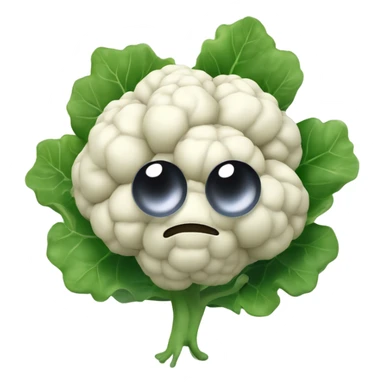 3D cauliflower character with big eyes 👀, a few green leaves 🍃, and leafy hands holding a small mirror 🪞 while gazing into it. The character is floating in the air, no legs visible. sticker