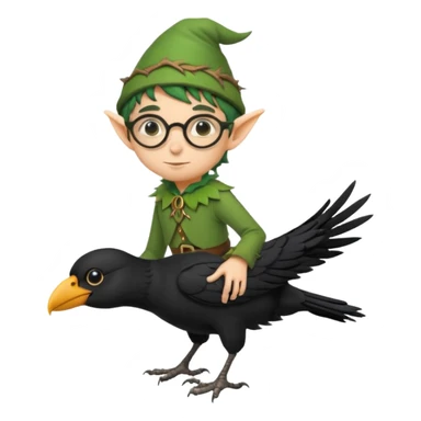 tiny forest elf with round glasses riding crow sticker