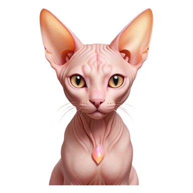 Cinematic Noble Sphynx Cat Portrait Emoji, Poised and regal, with smooth, hairless skin in warm peach and soft pink tones, striking large ears and intense almond-shaped eyes, Simplified yet sharp and sophisticated features, highly detailed, glowing with a soft, dignified glow, high shine, intelligent and graceful, stylized with an air of elegance, focused and attentive, soft glowing outline, capturing the essence of a watchful and refined feline, so majestic it feels as though it could glide across the screen with effortless confidence! sticker