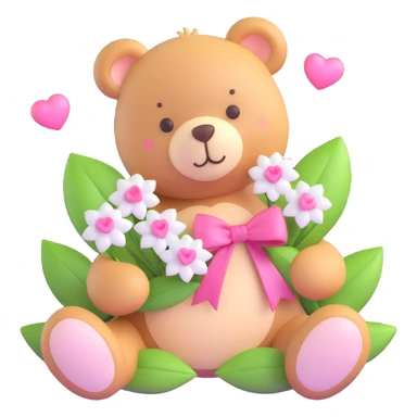 a teddy bear with a pink bow on its head, holding a bouquet of white flowers with green leaves, and small pink hearts floating around sticker