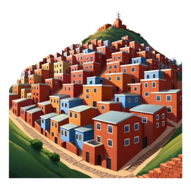 Urban Peruvian hillside neighborhood, brick houses stacked on steep hills, unfinished red brick buildings, colorful painted facades, narrow stairways, electric cables crossing the sky, sunset lighting, realistic style, cinematic, high detail sticker
