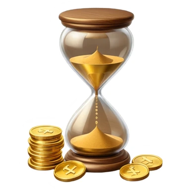 Realistic 3D render of a stack of shiny gold coins with brown hourglass beside it. The hourglass has transparent glass with dark golden-brown sand flowing inside and warm brown top and base. Soft lighting, clean white background, smooth shadows, high detail, symbolizing time and wealth. sticker