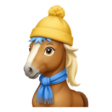 a fabulous funny winter horse in a yellow hat with a blue scarf sticker