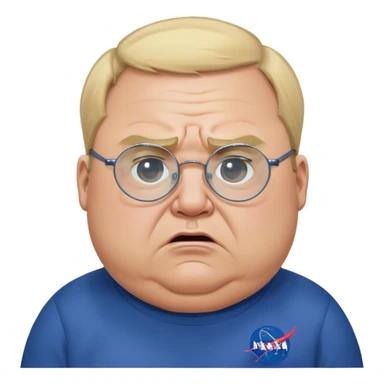angry fat man, crying like a kid,  blond short and hight receding hairline, wearing a dark blue sweatshirt, nasa logo on the sweatshirt, round glasses without frame, 40 years old sticker